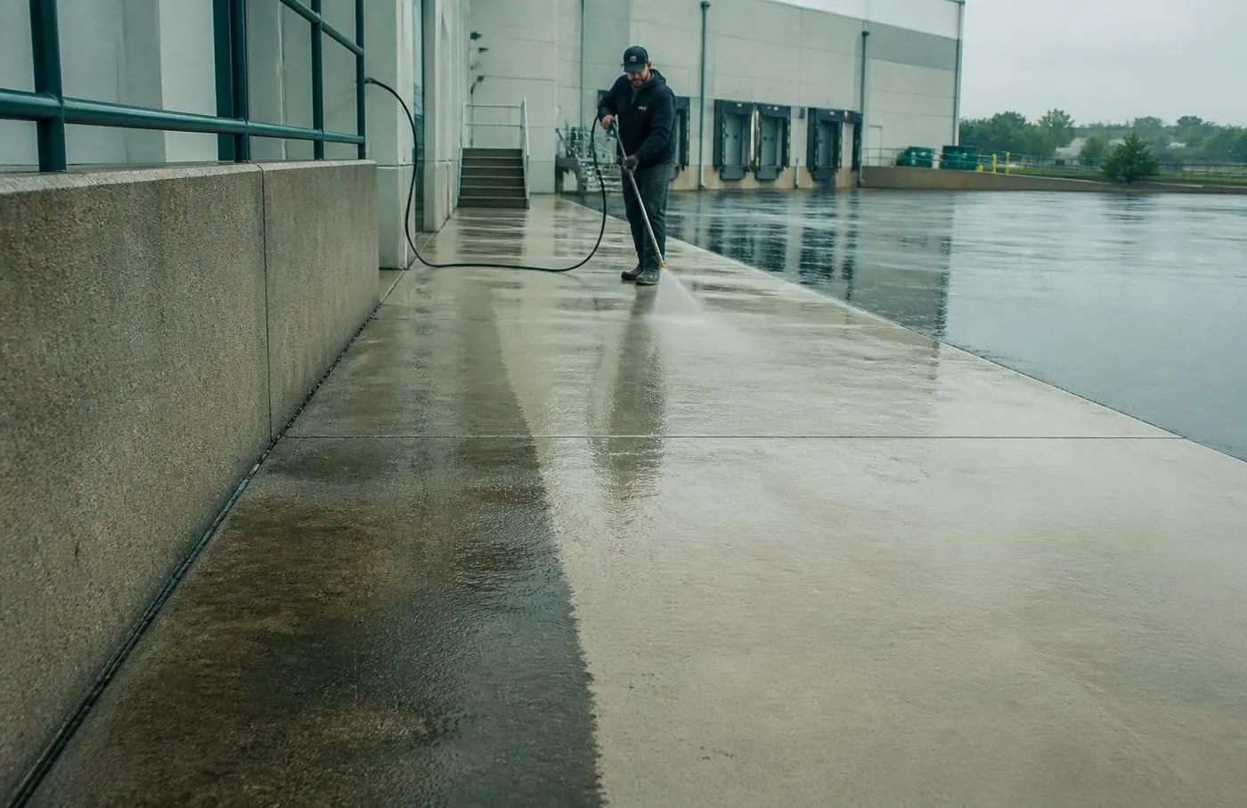 Commercial concrete walkway being pressure washed clean