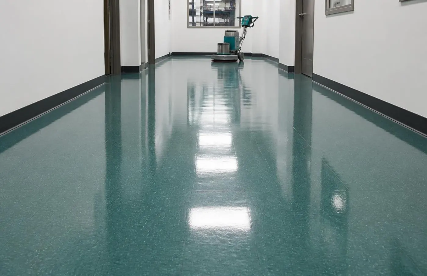 Freshly maintained commercial floor with an even mirror sheen