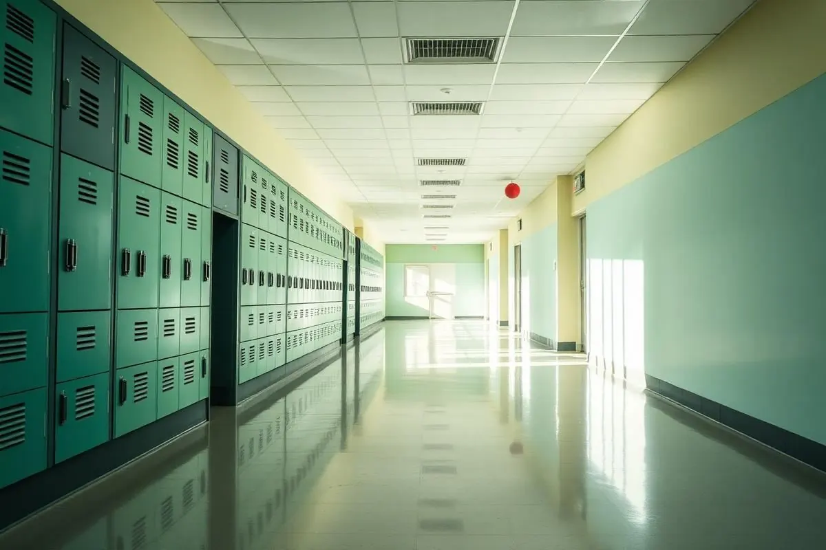 Spotless school hallway with polished floors and clean lockers