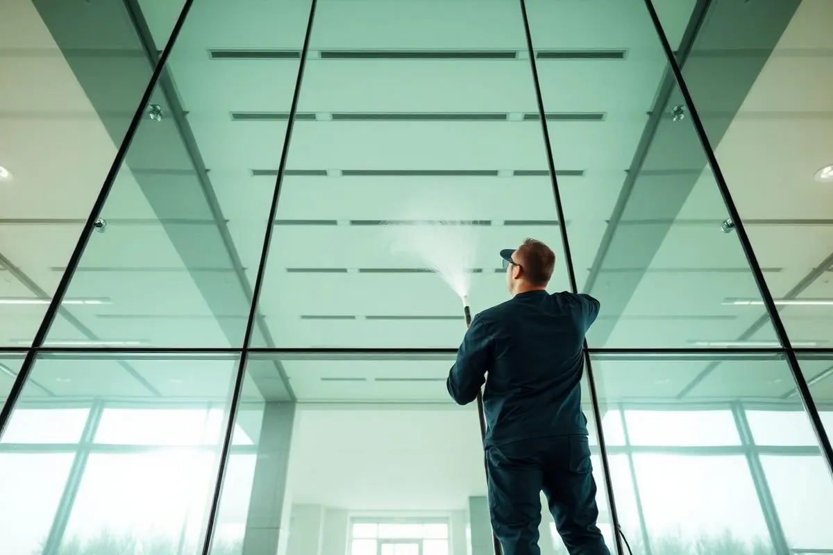 Technician cleaning a floor-to-ceiling glass office facade